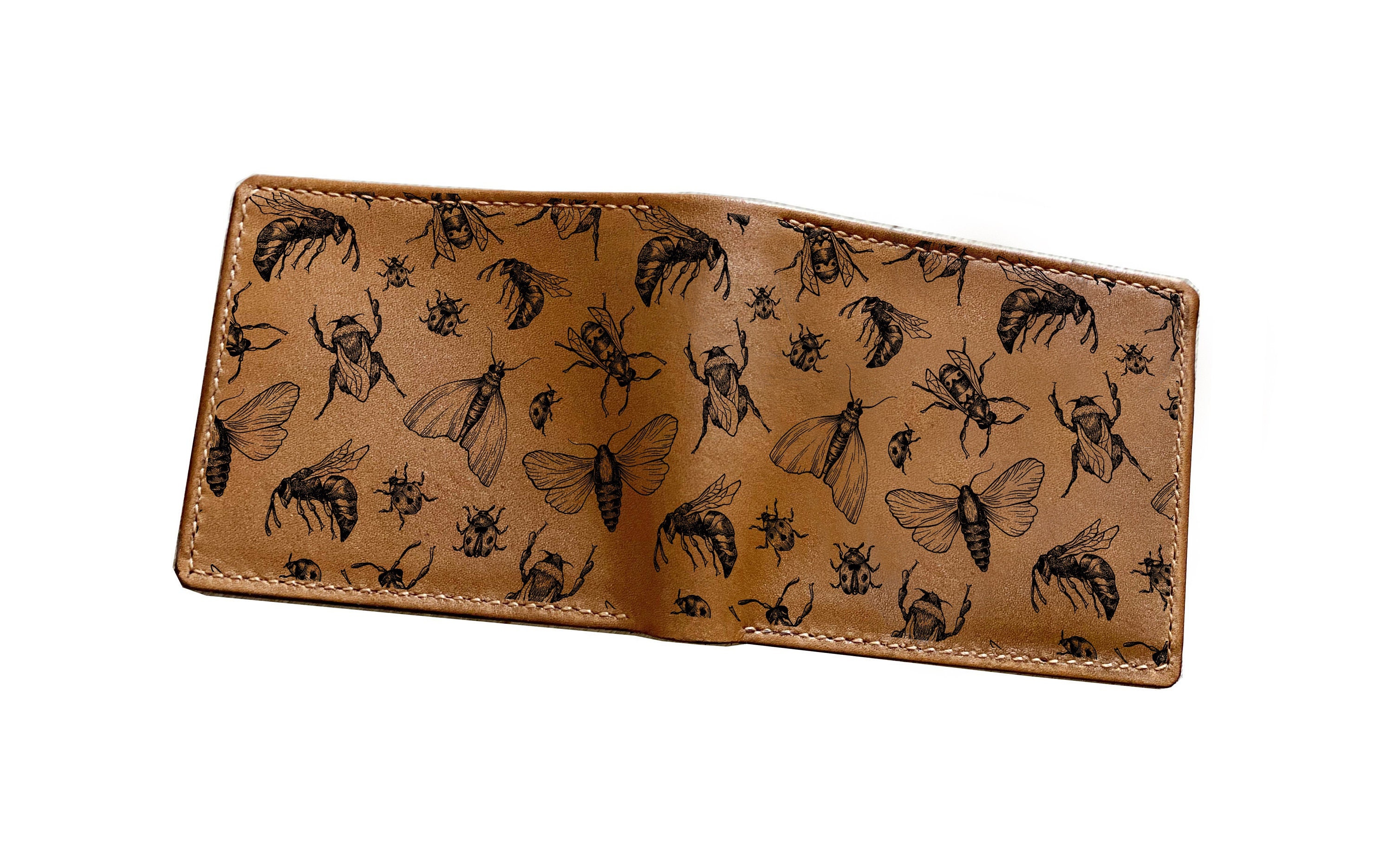 Insects seamless pattern genuine leather men wallet, premium handmade trifold wallet, insect themed custom Christmas men wallet gift idea