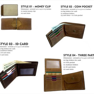 May include: A collection of brown leather wallets in various styles. Styles include a money clip (3.0 x 4.3 x 0.3 inches), coin pocket, ID card, and three-part wallets. Each wallet features multiple card slots and cash storage.