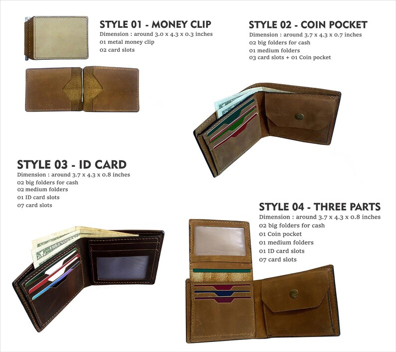 May include: A collection of brown leather wallets in various styles. Styles include a money clip (3.0 x 4.3 x 0.3 inches), coin pocket, ID card, and three-part wallets. Each wallet features multiple card slots and cash storage.