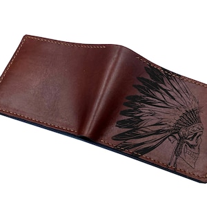 Portefeuille en cuir véritable tête de squelette amérindien/portefeuille pour homme crâne tribal/portefeuille pour homme en cuir à trois volets de qualité supérieure/portefeuille de Noël idée cadeau