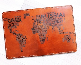 World Map in text passport holder,passport wallet,handmade leather passport cover,personalized passport case,travel gift accessories for her