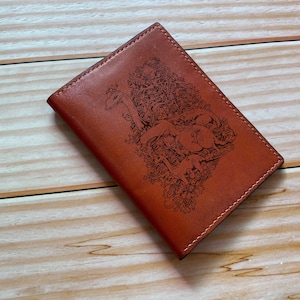 Dinosaur Doodle leather passport holder, Jurassic leather passport wallet, handmade leather passport case, personalized Valentine men wallet