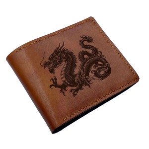 Cartera de cuero premium con forma de dragón oriental, cartera para hombre hecha a mano con tres pliegues de cuero animal con espíritu de dragón, billetera personalizada de cultura asiática, billetera navideña para hombre