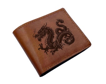 Handmade Leather Trifold Wallet: Oriental Dragon, Custom Engraving