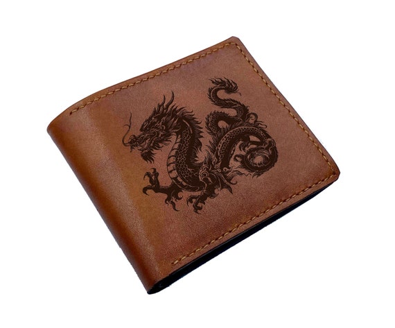 Handmade Leather Trifold Wallet: Oriental Dragon, Custom Engraving