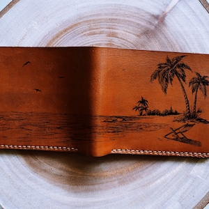 Portefeuille en cuir haut de gamme Beach Landscape, portefeuille fait main océan, cadeau fait main personnalisé, cadeau d'anniversaire sur le thème de la plage, nouveau portefeuille de Noël