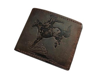 Cartera de cuero de vaquero hecha a mano: piel de vaca encerada, diseño de caballo de montar