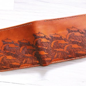 Portefeuille en cuir haut de gamme Haku, portefeuille en cuir véritable de culture japonaise, cadeau portefeuille en cuir anniversaire Hokusai, idée cadeau portefeuille de Noël