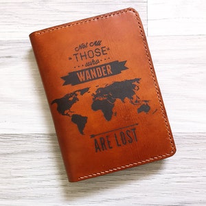 Handmade Leather Passport Holder: World Map Travel Wallet