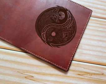 Leren Ying Yang Wolf-portemonnee: handgemaakte drievoudige portemonnee