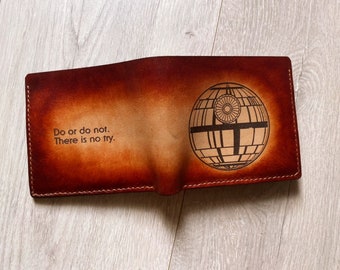 Star Wars Death Star handmade leather wallet, name engraved trifold bifold