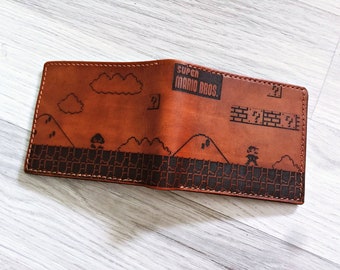 Super Mario Retro premium genuine leather men wallet, Vintage handmade wallet, Unisex forever young gift, Christmas game retro design wallet
