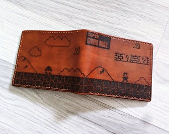 Cartera de cuero genuino premium para hombre Super Mario Retro, billetera vintage hecha a mano, regalo unisex para siempre joven, billetera de diseño retro de juego navideño