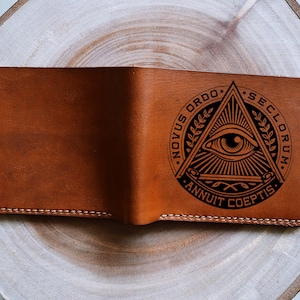 Cartera de cuero premium Illuminati de teorías de conspiración, billetera premium navideña para él, billetera de cuero genuino de tres pliegues para hombre, billetera hecha a mano