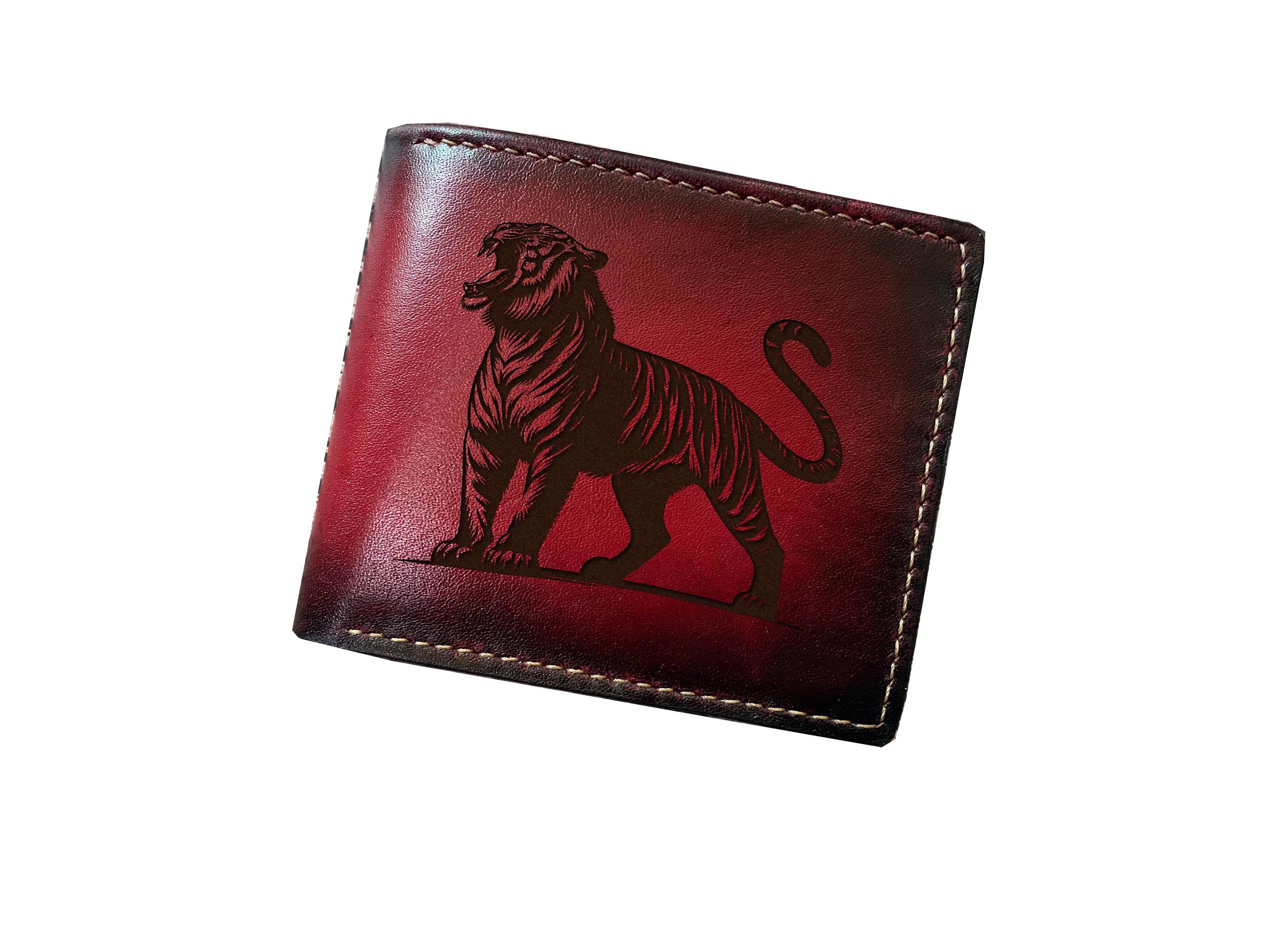 Discover Leather Wallet with Tiger Design, Trifold and Bifold, Patina Finish