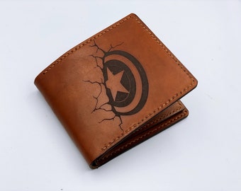 Captain America premium cow leather wallet, Avenger handmade wallet, Father&#39;s day gift, Christmas Captain American Shield wallet gift idea