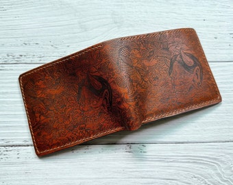 Koi Fish Leather Wallet: Japanese Hannya Design, Handmade Cowhide