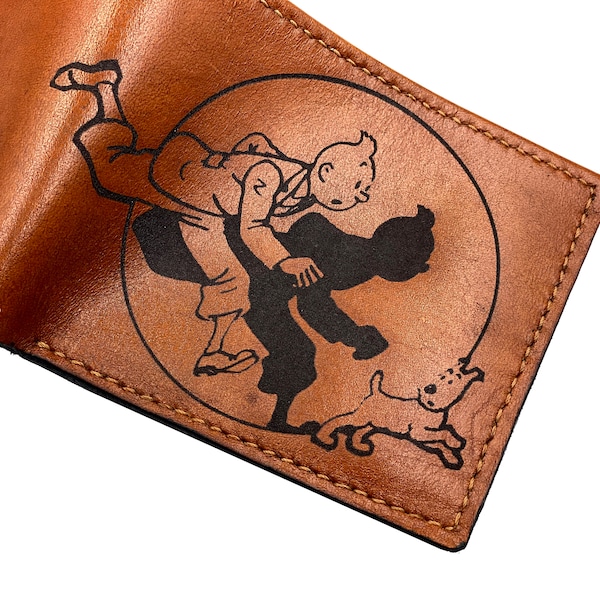 The adventures of Tintin and Snowy Milou leather handmade men wallet/Tintin detective minimalist wallet/custom Christmas leather new wallet