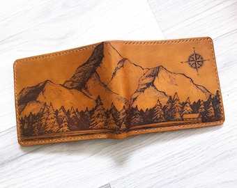 Mountain Compass design premium leather wallet/genuine leather wallet/forest custom wallet/handmade wallet gift for him/Christmas new wallet