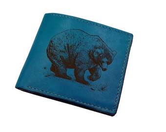 Giant brown bear handmade leather wallet, wild animal hunting personalized trifold bifold