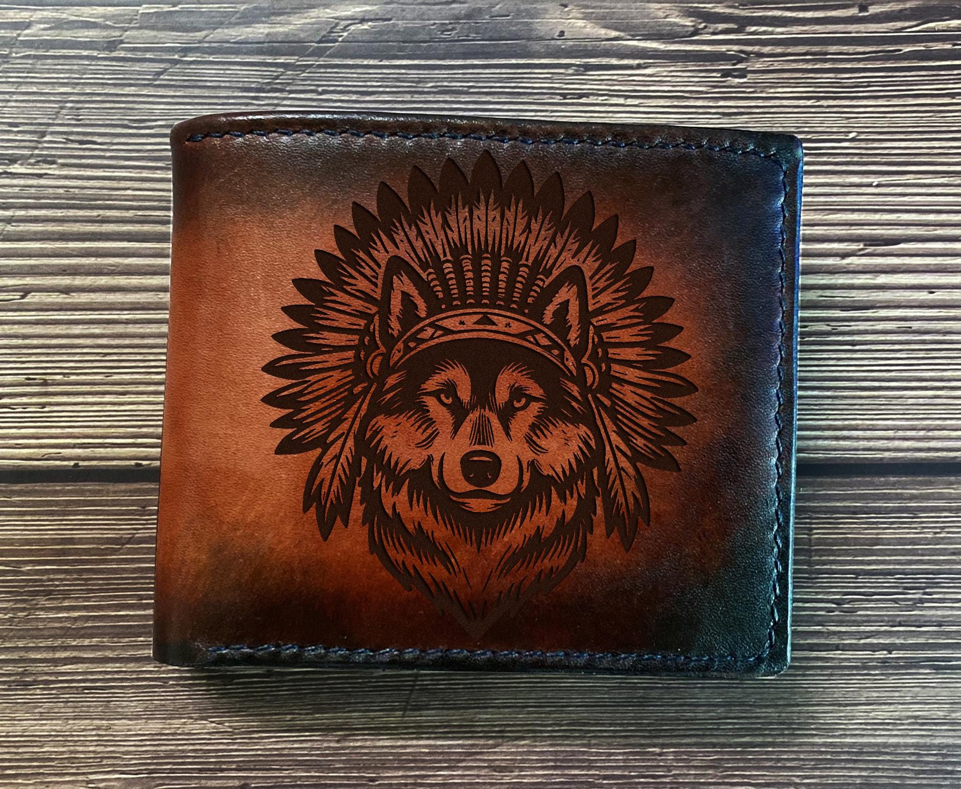 Tribal Chief Wolf Head art genuine leather wallet, premium trifold leather wallet, Handmade wild animal gift, Father's Day tribe new wallet