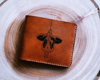 Spiderman premium cowhide leather wallet, Personalized superhero handmade wallet, Superhero first wallet for kid, Christmas wallet for him