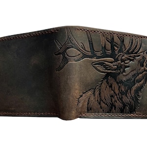 Cartera de cuero genuino encerado de alce prensado hidráulico, cartera de ciervo premium hecha a mano, cartera de gamuza que nunca se decolora, cartera del Día del Padre de ciervo vikingo