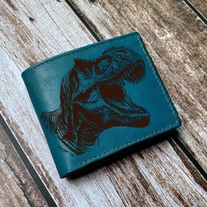 Portefeuille premium art tête de t-rex, cadeau en cuir fait main oeuvre d'art Trex, cadeau d'anniversaire Jurassic World pour fils, idée cadeau portefeuille dinosaure de Noël