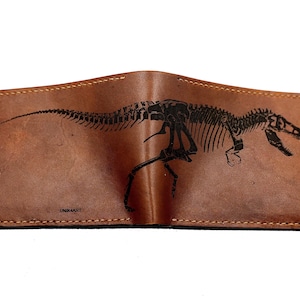 Esqueleto de dinossauro tiranossauro, carteira de couro Trex Fossil feita à mão, presente para ele, presente de carteira nova de Natal, carteira dobrável, carteira tripla