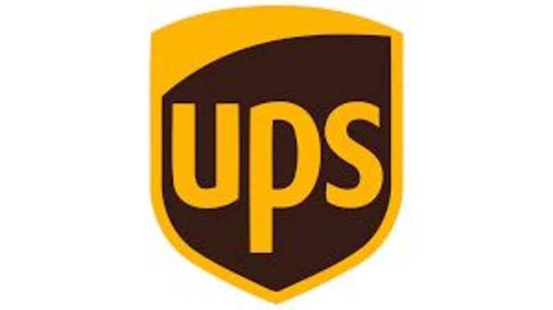 May include: The UPS logo features a shield shape with a brown background and a gold border. The letters "UPS" are in gold, with a curved brown shape above the letters. The logo is a symbol of the United Parcel Service.