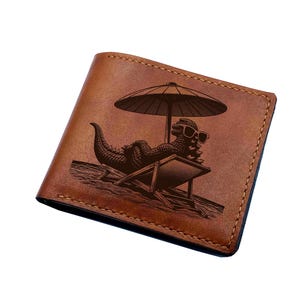 Cartera de cuero genuino premium Kaiju by the beach, divertida cartera hecha a mano Godzilla by the beach, cartera de cuero triple, cartera navideña para hombre