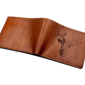 Cartera de cuero premium con diseño geométrico único de ciervo y alce, billetera para hombre hecha a mano con animales vikingos, billetera con animales antiguos celtas de caza navideña para él