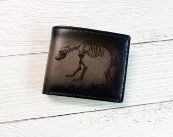Grizzly Bear Skeleton Leather Wallet: Handmade Cowhide Wild Animal Skull Pattern, Patina dying