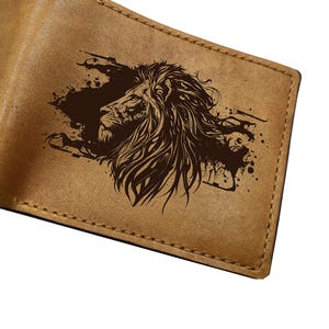 Tête de lion dessinant un portefeuille en cuir premium, cadeau portefeuille en cuir fait main, portefeuille en cuir véritable personnalisé, portefeuille en cuir personnalisé pour la fête des pères