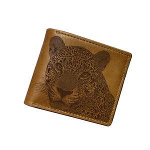 Cartera de piel de primera calidad con cabeza de leopardo, arte de leopardo, cartera de piel de vaca auténtica para él, regalo hecho a mano con estampado de leopardo, nueva cartera navideña