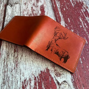 Cartera de cuero premium Deer Nature, cartera de caza de cuero genuino Deer Elk, regalo para él, cartera personalizada Viking Animal para el Día del Padre para hombre.