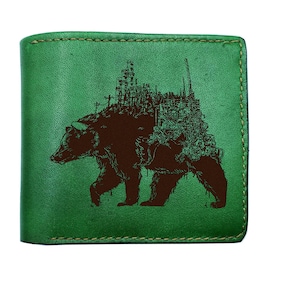 Cartera de piel auténtica que combina la ciudad y la naturaleza con Bear City, regalo de piel de primera calidad, regalo único de piel de oso hecho a mano, cartera navideña con animales salvajes