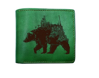 Cartera de piel auténtica que combina la ciudad y la naturaleza con Bear City, regalo de piel de primera calidad, regalo único de piel de oso hecho a mano, cartera navideña con animales salvajes
