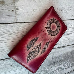 Floral Sun Dreamcatcher Leather Wallet: Handmade Mandala Clutch Purse image 4