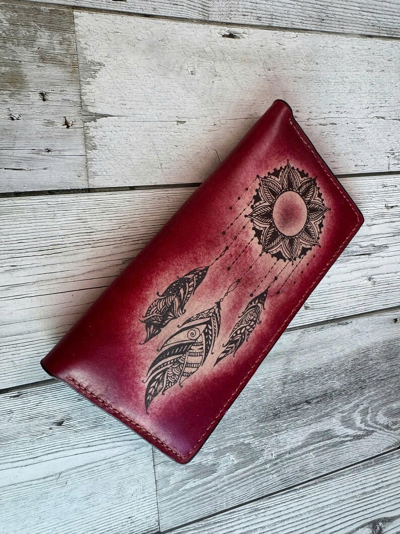 Floral Sun Dreamcatcher Leather Wallet: Handmade Mandala Clutch Purse image 4