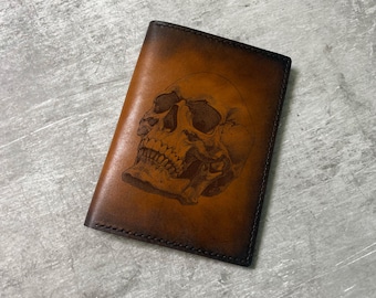 Human Skull Cowhide Leather Trifold Wallet: Handmade Men's Wallet, Skeleton, Anatomy