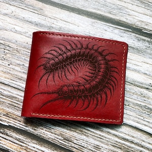Cartera de cuero para hombre con diseño artístico de ciempiés/Cartera de cuero para hombre con diseño exclusivo de insectos personalizado/Idea de regalo para el día del padre/Cartera de tres pliegues
