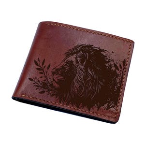 Cartera de cuero premium con diseño floral de cabeza de león, idea de regalo para billetera de cuero de caza, billetera de cuero nueva para el Día del Padre, billetera para hombre con temática de vida silvestre