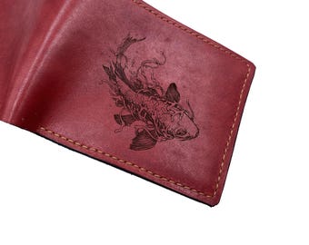 Koi Fish Art Leather Wallet: Handmade Japanese Gift