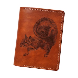 Cartera minimalista de piel auténtica con diseño de ardilla, cartera de piel de vacuno de primera calidad, regalo único hecho a mano de la naturaleza, cartera personalizada para regalo de Navidad