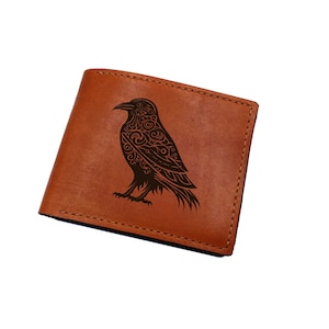 Carteira masculina de couro de corvo, mitologia nórdica de runas, carteira personalizada feita à mão, esboço de corvo, pássaro de Odin, carteira de animal antigo de Natal para ele