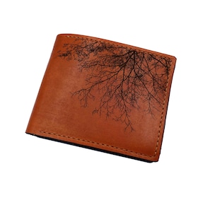 Cartera de cuero premium minimalista con ramas, cartera de cuero genuino para amantes de la naturaleza, cartera de cuero personalizada hecha a mano con árboles, nueva cartera navideña