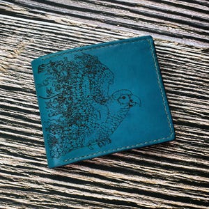 Carteira masculina de couro de papagaio floral, carteira feita à mão em couro genuíno personalizada de papagaio, esboço de pássaro, presente de couro de animal de estimação de papagaio, carteira de Natal