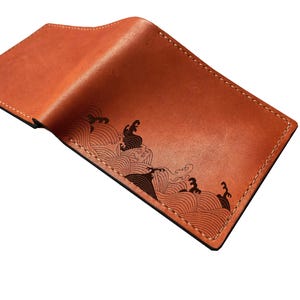 Portefeuille minimaliste en cuir premium vague Hokusai, portefeuille en cuir véritable poème japonais, cadeau portefeuille en cuir d'anniversaire, portefeuille pour hommes de Noël