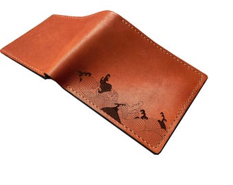 Hokusai Wave Leather Wallet: Japanese Poem, Handmade Cowhide